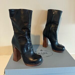 Prada Black Leather Heeled Boots